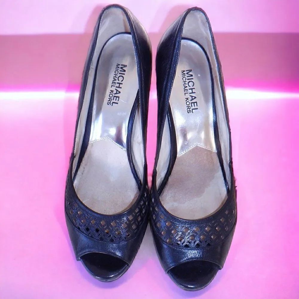 Michael Kors black Peep-toe lattice leather shoes